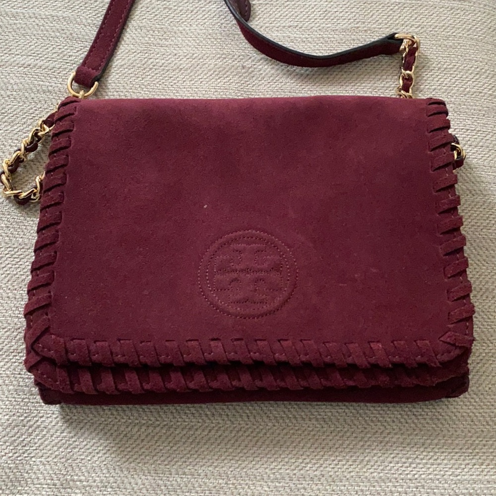 Like New-Tory burch, small. Maroon suede crossbody
